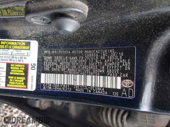 2016 Toyota Corolla L with VIN 2T1BURHE4GC708754, listed as a IAAI auction lot 42297443 with 84,887 mi miles and . Bid and sale history available at DreamBid. Image 9.