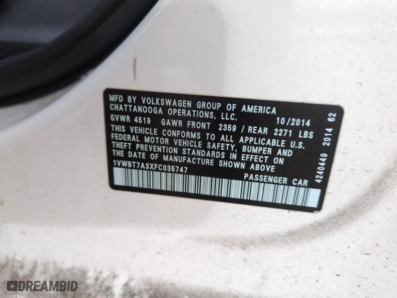 2015 Volkswagen Passat 1.8T SE w/Sunroof & Nav with VIN 1VWBT7A3XFC035747, listed as a Copart auction lot 51835435 with 140,535 mi miles and Clean Title. Bid and sale history available at carsss.com. Image 12.