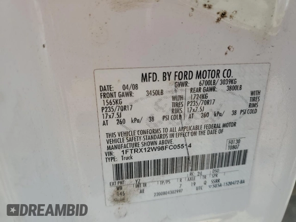 2008 Ford F-150 STX с VIN 1FTRX12W98FC05514, выставлен на аукционе Copart как лот 54832135 с пробегом 267 256 миль миль и Чистый • Clean title. История ставок и продаж доступна на DreamBid. Изображение 12.