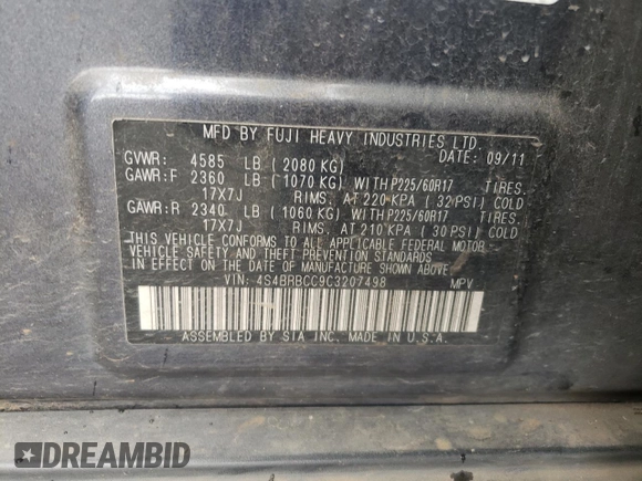 2012 Subaru Outback Prem with VIN 4S4BRBCC9C3207498, listed as a Copart auction lot 61016045 with 238,805 mi miles and Salvage title. Bid and sale history available at DreamBid. Image 12.