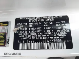 2014 Hyundai Santa Fe z VIN 5XYZUDLB9EG227009, wystawiony jako IAAI lot #42272191 z przebiegiem 97 474 mil mil oraz . Historia ofert i sprzedaży dostępna na DreamBid. Obrazek 9.
