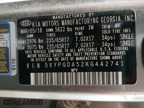 2019 Kia Sorento LX with VIN 5XYPGDA52KG442741, listed as a Copart auction lot 52457625 with 184,067 mi miles and Clean Title. Bid and sale history available at DreamBid. Image 13.
