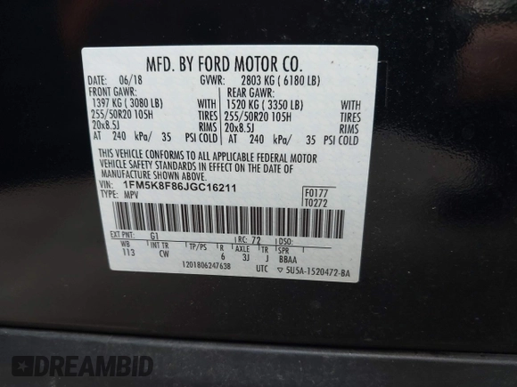 2018 Ford Explorer Limited z VIN 1FM5K8F86JGC16211, wystawiony jako IAAI lot #42612276 z przebiegiem 82 949 mil mil oraz . Historia ofert i sprzedaży dostępna na DreamBid. Obrazek 9.