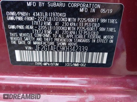 2019 Subaru Crosstrek Premium with VIN JF2GTAEC9KH342339, listed as a IAAI auction lot 41933808 with 26,236 mi miles and . Bid and sale history available at DreamBid. Image 9.