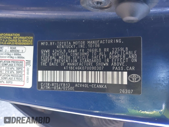 2007 Toyota Camry CE with VIN 4T1BE46K07U090307, listed as a IAAI auction lot 42000642 with 242,517 mi miles and . Bid and sale history available at DreamBid. Image 9.