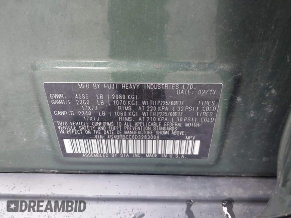 2013 Subaru Outback Premium with VIN 4S4BRBCC6D3283004, listed as a IAAI auction lot 42522099 with 201,199 mi miles and . Bid and sale history available at DreamBid. Image 9.