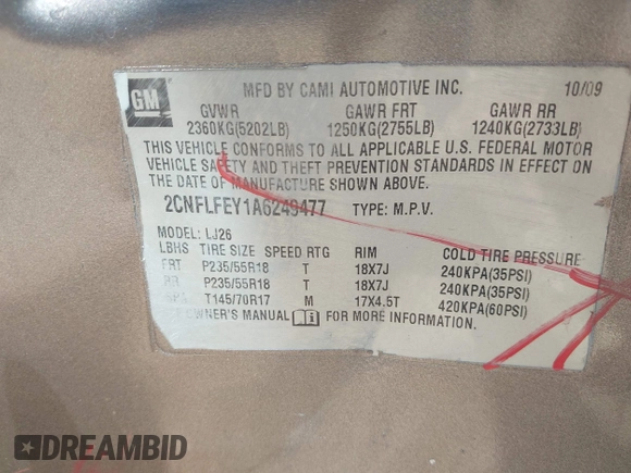 2010 Chevrolet Equinox LTZ with VIN 2CNFLFEY1A6249477, listed as a IAAI auction lot 42006491 with 255,127 mi miles. Bid and sale history available at carsss.com. Image 9.
