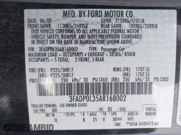 2010 Ford Fusion Hybrid with VIN 3FADP0L35AR168002, listed as a IAAI auction lot 42090134 with 147,831 mi miles. Bid and sale history available at carsss.com. Image 9.