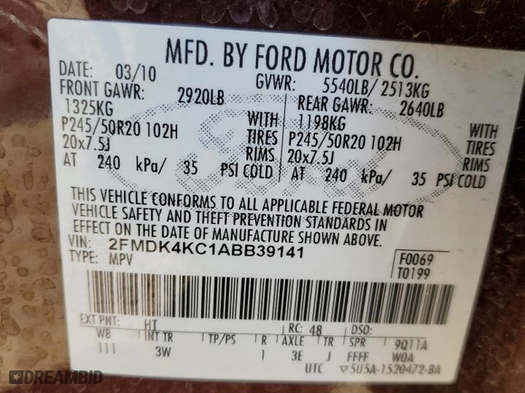 2010 Ford Edge Limited with VIN 2FMDK4KC1ABB39141, listed as a Copart auction lot 47001095 with 126,583 mi miles and Salvage Title. Bid and sale history available at carsss.com. Image 13.
