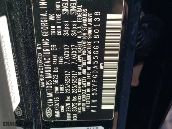 2016 Kia Sorento LX with VIN 5XYPGDA55GG180138, listed as a Copart auction lot 86899814 with 119,508 mi miles and Salvage Title. Bid and sale history available at carsss.com. Image 14.