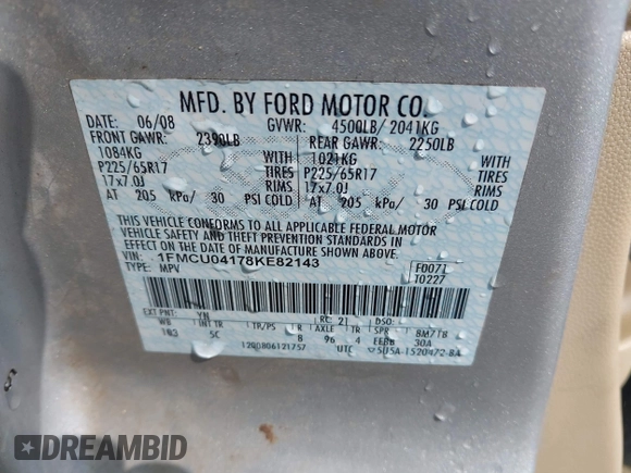2008 Ford Escape Limited with VIN 1FMCU04178KE82143, listed as a IAAI auction lot 42297792 with 352,516 mi miles and . Bid and sale history available at DreamBid. Image 9.