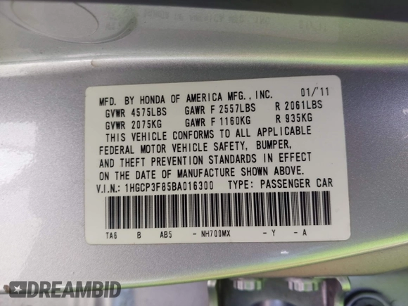 2011 Honda Accord EX-L with VIN 1HGCP3F85BA016300, listed as a IAAI auction lot 42539718 with 110,344 mi miles and . Bid and sale history available at DreamBid. Image 9.