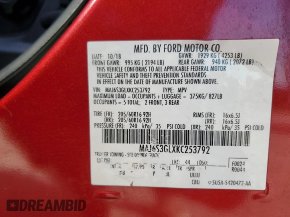2019 Ford EcoSport SE with VIN MAJ6S3GLXKC253792, listed as a Copart auction lot 45158665 with 80,666 mi miles and Salvage Title. Bid and sale history available at carsss.com. Image 15.