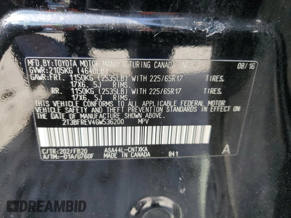 2016 Toyota RAV4 LE with VIN 2T3BFREV4GW536200, listed as a Copart auction lot 51679535 with 81,327 mi miles and Salvage Title. Bid and sale history available at carsss.com. Image 13.