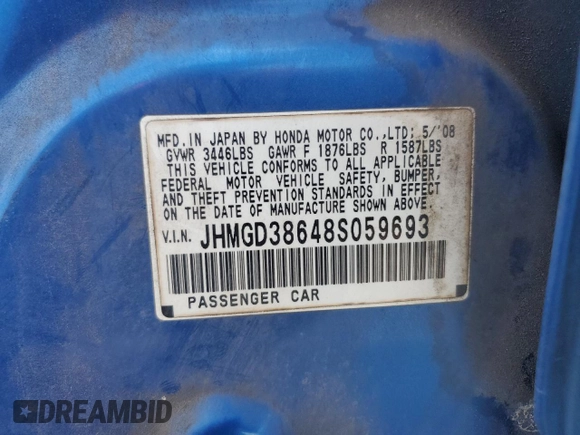 2008 Honda Fit Sport with VIN JHMGD38648S059693, listed as a Copart auction lot 69943294 with 193,114 mi miles and Salvage Title. Bid and sale history available at carsss.com. Image 14.