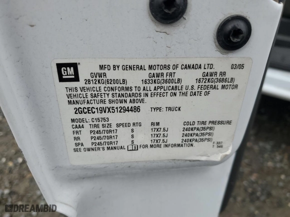 2005 Chevrolet Silverado 1500 LS with VIN 2GCEC19VX51294486, listed as a Copart auction lot 43585075 with 136,906 mi miles and Salvage Title. Bid and sale history available at carsss.com. Image 12.