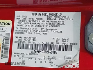 2020 Ford Fusion SE with VIN 3FA6P0HDXLR160183, listed as a IAAI auction lot 42623508 with 89,914 mi miles and . Bid and sale history available at DreamBid. Image 9.