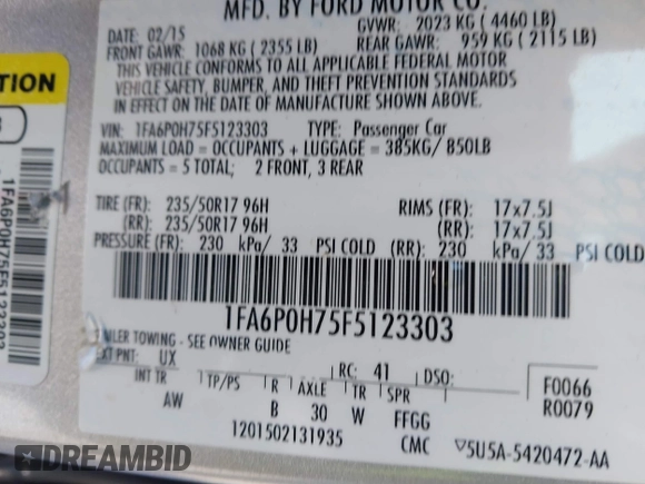 2015 Ford Fusion SE with VIN 1FA6P0H75F5123303, listed as a IAAI auction lot 41853439 with 152,825 mi miles. Bid and sale history available at carsss.com. Image 9.