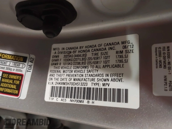 2012 Honda CR-V EX-L with VIN 2HKRM3H70CH513223, listed as a IAAI auction lot 41389365 with 94,516 mi miles. Bid and sale history available at carsss.com. Image 9.
