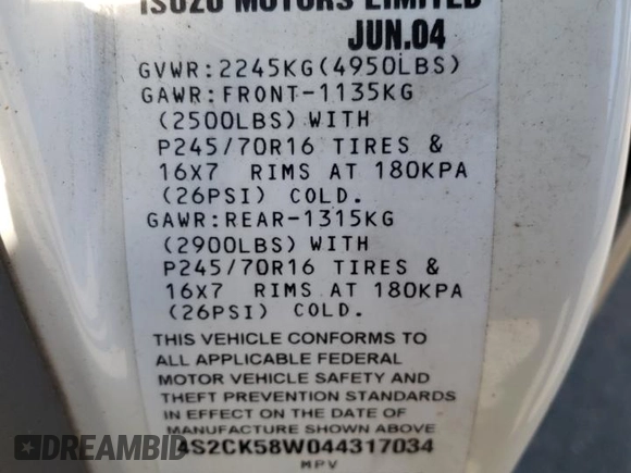 2004 Isuzu Rodeo S z VIN 4S2CK58W044317034, wystawiony jako Copart lot #42401765 z przebiegiem 110 639 mil mil oraz Szkoda całkowita • Salvage title. Historia ofert i sprzedaży dostępna na DreamBid. Obrazek 15.