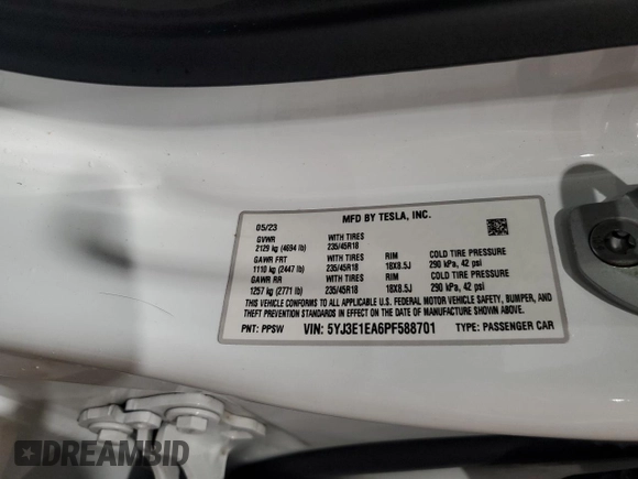 2023 Tesla Model 3 with VIN 5YJ3E1EA6PF588701, listed as a Copart auction lot 61446355 with Not provided miles and Salvage title. Bid and sale history available at DreamBid. Image 12.
