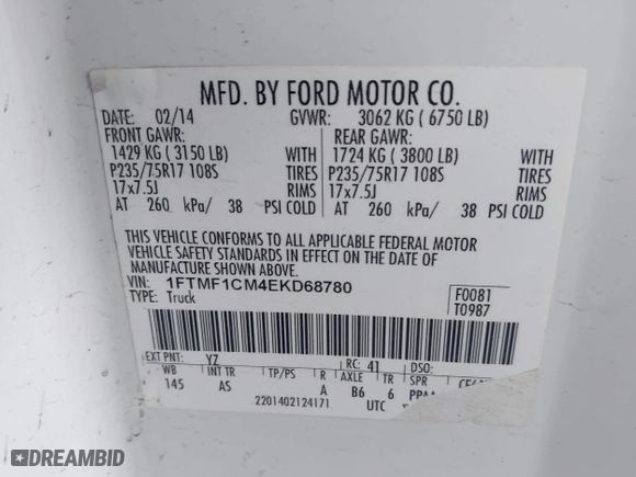 2014 Ford F-150 XL with VIN 1FTMF1CM4EKD68780, listed as a IAAI auction lot 41571968 with 193,363 mi miles. Bid and sale history available at carsss.com. Image 9.