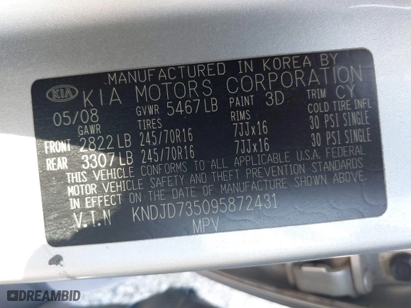 2009 Kia Sorento LX with VIN KNDJD735095872431, listed as a IAAI auction lot 41785965 with 205,117 mi miles. Bid and sale history available at carsss.com. Image 9.