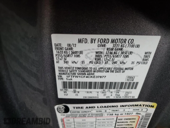 2012 Ford F-150 XL with VIN 1FTFW1CF4CKE37877, listed as a Copart auction lot 46522863 with 183,953 mi miles and Salvage Title. Bid and sale history available at carsss.com. Image 12.
