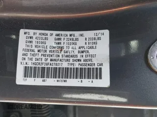 2015 Honda Accord LX with VIN 1HGCR2F38FA079017, listed as a IAAI auction lot 42099637 with 156,177 mi miles and . Bid and sale history available at carsss.com. Image 9.