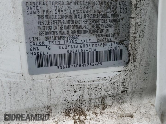 2017 Nissan Sentra SV with VIN 3N1AB7AP8HY255485, listed as a Copart auction lot 57142725 with Not provided miles and Salvage title. Bid and sale history available at DreamBid. Image 12.