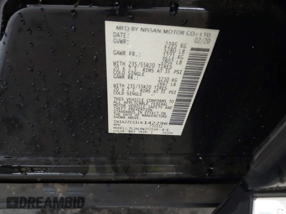 2020 Nissan Murano SL z VIN 5N1AZ2CS1LN142296, wystawiony jako IAAI lot #42222427 z przebiegiem 69 834 mil mil oraz . Historia ofert i sprzedaży dostępna na DreamBid. Obrazek 9.