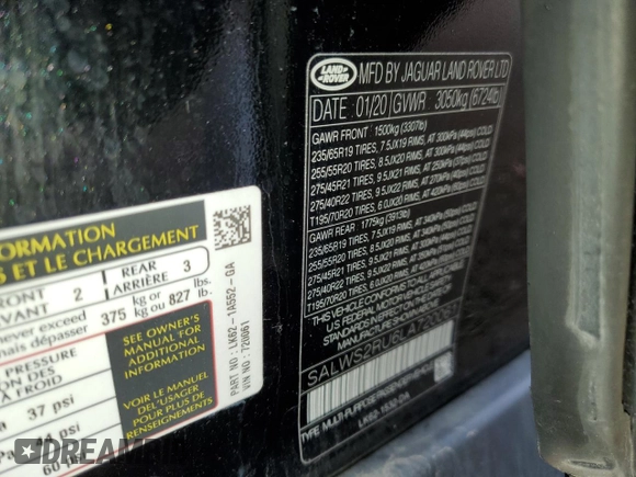 2020 Land Rover Range Rover Sport HST with VIN SALWS2RU6LA720061, listed as a Copart auction lot 55636705 with 42,485 mi miles and Salvage title. Bid and sale history available at DreamBid. Image 12.