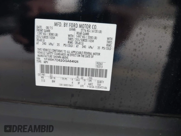 2016 Ford Explorer XLT with VIN 1FM5K7D82GGA84926, listed as a IAAI auction lot 41824920 with 121,702 mi miles and . Bid and sale history available at DreamBid. Image 9.