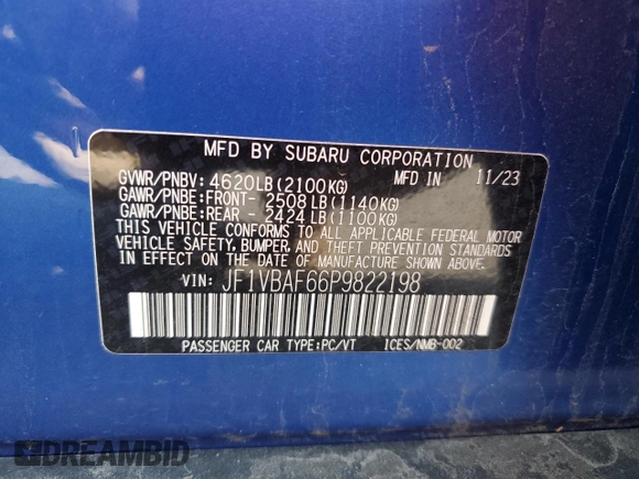 2023 Subaru WRX Premium with VIN JF1VBAF66P9822198, listed as a Copart auction lot 62338545 with 16,013 mi miles and Salvage title. Bid and sale history available at DreamBid. Image 12.