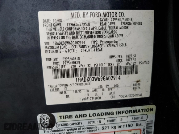 2009 Ford Taurus X Limited with VIN 1FMDK03W69GA02914, listed as a Copart auction lot 51700375 with 161,958 mi miles and Clean title. Bid and sale history available at DreamBid. Image 14.