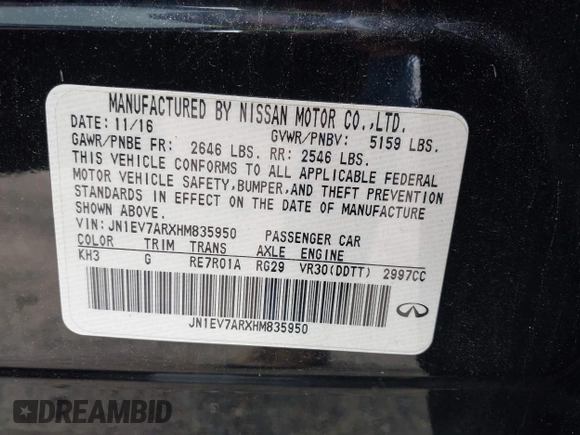 2017 Infiniti Q50 Premium with VIN JN1EV7ARXHM835950, listed as a IAAI auction lot 42456657 with 128,692 mi miles and . Bid and sale history available at DreamBid. Image 9.