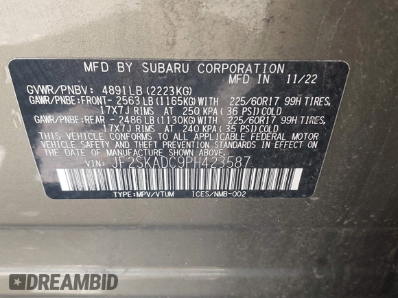 2023 Subaru Forester Premium with VIN JF2SKADC9PH423587, listed as a IAAI auction lot 42495411 with 72,423 mi miles and . Bid and sale history available at DreamBid. Image 9.