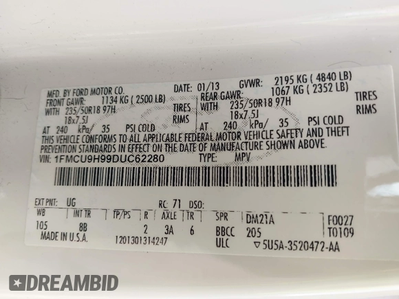 2013 Ford Escape SEL с VIN 1FMCU9H99DUC62280, выставлен на аукционе IAAI как лот 42430435 с пробегом 112 411 миль миль и . История ставок и продаж доступна на DreamBid. Изображение 9.