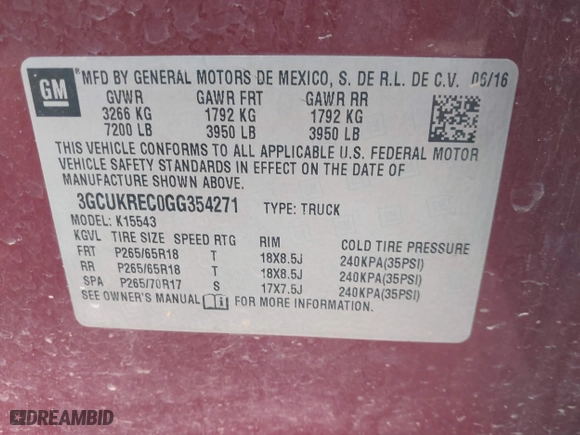 2016 Chevrolet Silverado 1500 LT with VIN 3GCUKREC0GG354271, listed as a IAAI auction lot 38948207 with 130,369 mi miles. Bid and sale history available at carsss.com. Image 9.