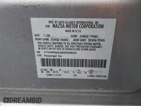 2009 Mazda 6 i Grand Touring with VIN 1YVHP82A295M39620, listed as a Copart auction lot 51825225 with Not Provided miles and Salvage Title. Bid and sale history available at carsss.com. Image 12.