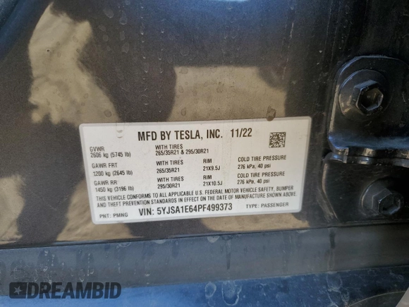 2023 Tesla Model S Plaid with VIN 5YJSA1E64PF499373, listed as a Copart auction lot 78744674 with Not provided miles and Salvage title. Bid and sale history available at DreamBid. Image 12.