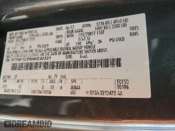 2017 Ford F-150 XL z VIN 1FTMF1CP5HKE20321, wystawiony jako Copart lot #57850035 z przebiegiem 179 640 mil mil oraz Szkoda całkowita • Salvage title. Historia ofert i sprzedaży dostępna na DreamBid. Obrazek 12.