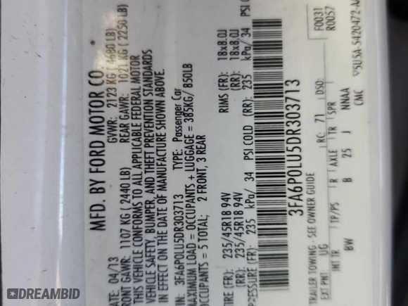 2013 Ford Fusion SE Hybrid with VIN 3FA6P0LU5DR303713, listed as a Copart auction lot 47863585 with 179,204 mi miles and Salvage Title. Bid and sale history available at carsss.com. Image 11.