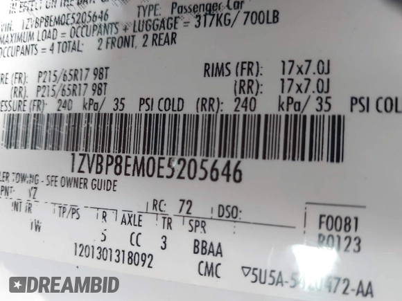2014 Ford Mustang V6 with VIN 1ZVBP8EM0E5205646, listed as a IAAI auction lot 41716395 with 109,451 mi miles. Bid and sale history available at carsss.com. Image 9.