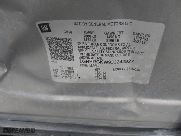 2018 Chevrolet Traverse LT Cloth with VIN 1GNERGKW9JJ242827, listed as a IAAI auction lot 41781606 with 125,113 mi miles. Bid and sale history available at carsss.com. Image 9.
