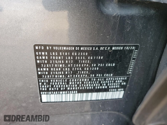 2021 Volkswagen Tiguan S with VIN 3VV1B7AX1MM012505, listed as a Copart auction lot 49625105 with 50,156 mi miles and Salvage Title. Bid and sale history available at DreamBid. Image 14.