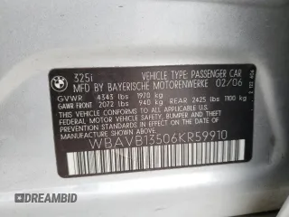 2006 BMW 3 Series 325i with VIN WBAVB13506KR59910, listed as a Copart auction lot 54754715 with 107,181 mi miles and Salvage title. Bid and sale history available at DreamBid. Image 12.