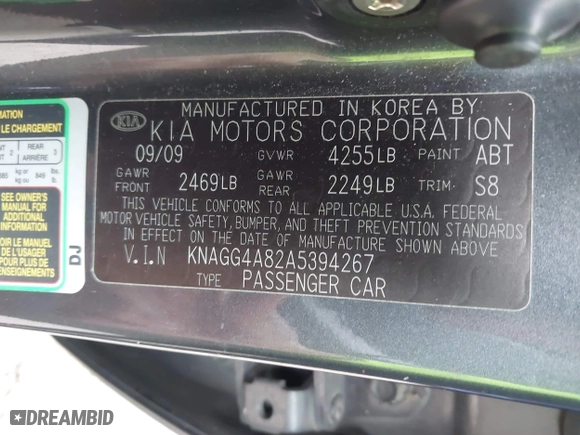 2010 Kia Optima LX with VIN KNAGG4A82A5394267, listed as a IAAI auction lot 41955386 with 134,912 mi miles. Bid and sale history available at carsss.com. Image 9.