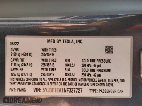 2022 Tesla Model 3 z VIN 5YJ3E1EA1NF337727, wystawiony jako Copart lot #51175655 z przebiegiem 40 551 mil mil oraz Szkoda całkowita • Salvage title. Historia ofert i sprzedaży dostępna na DreamBid. Obrazek 13.
