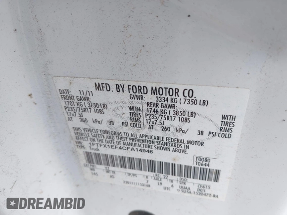 2012 Ford F-150 XL с VIN 1FTFX1EF4CFA14946, выставлен на аукционе IAAI как лот 42567557 с пробегом 92 749 миль миль и . История ставок и продаж доступна на DreamBid. Изображение 9.